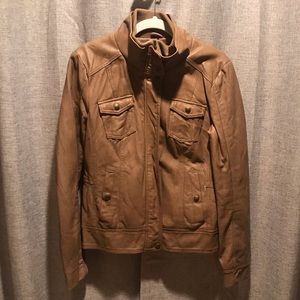 Tan leather bomber style jacket from Guess